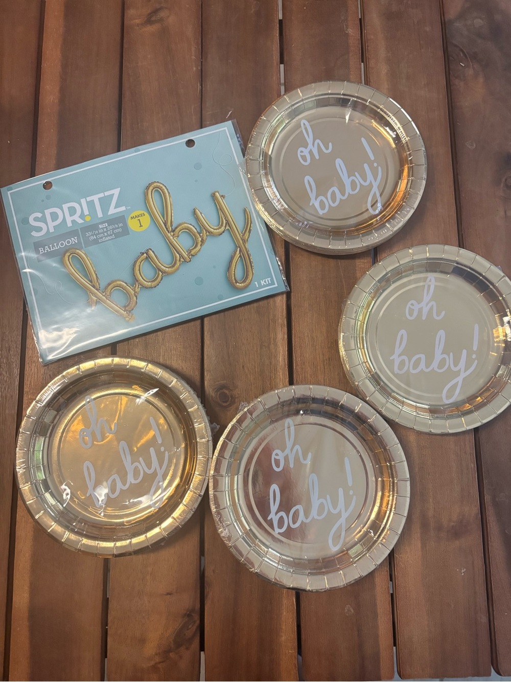 Spritz Gold 'Oh Baby!' Foil Dessert Plates and ‘Baby’ gold foil balloon, NIP
